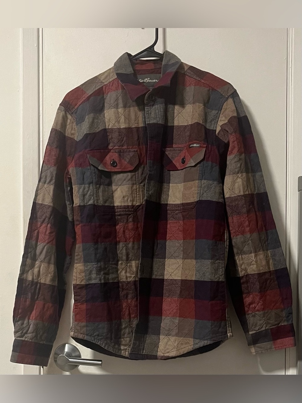 Eddie Bauer Quilted Plaid Shirt Jacket in Burgundy, Navy & Tan